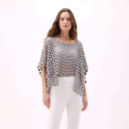 Plum Bottom ELLYNDALE grey lace poncho with delicate white pearl embellishments