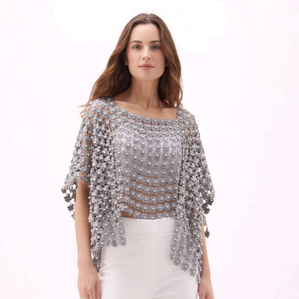 Plum Bottom ELLYNDALE grey lace poncho featuring delicate white pearl embellishments worn by a model