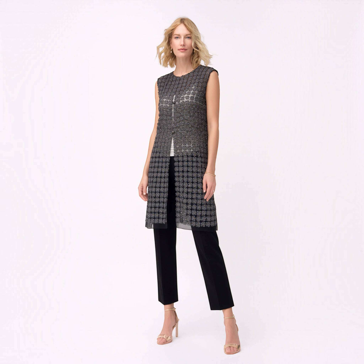 Plum Bottom ELLYNDALE black lace organza sleeveless long vest with pearl button front