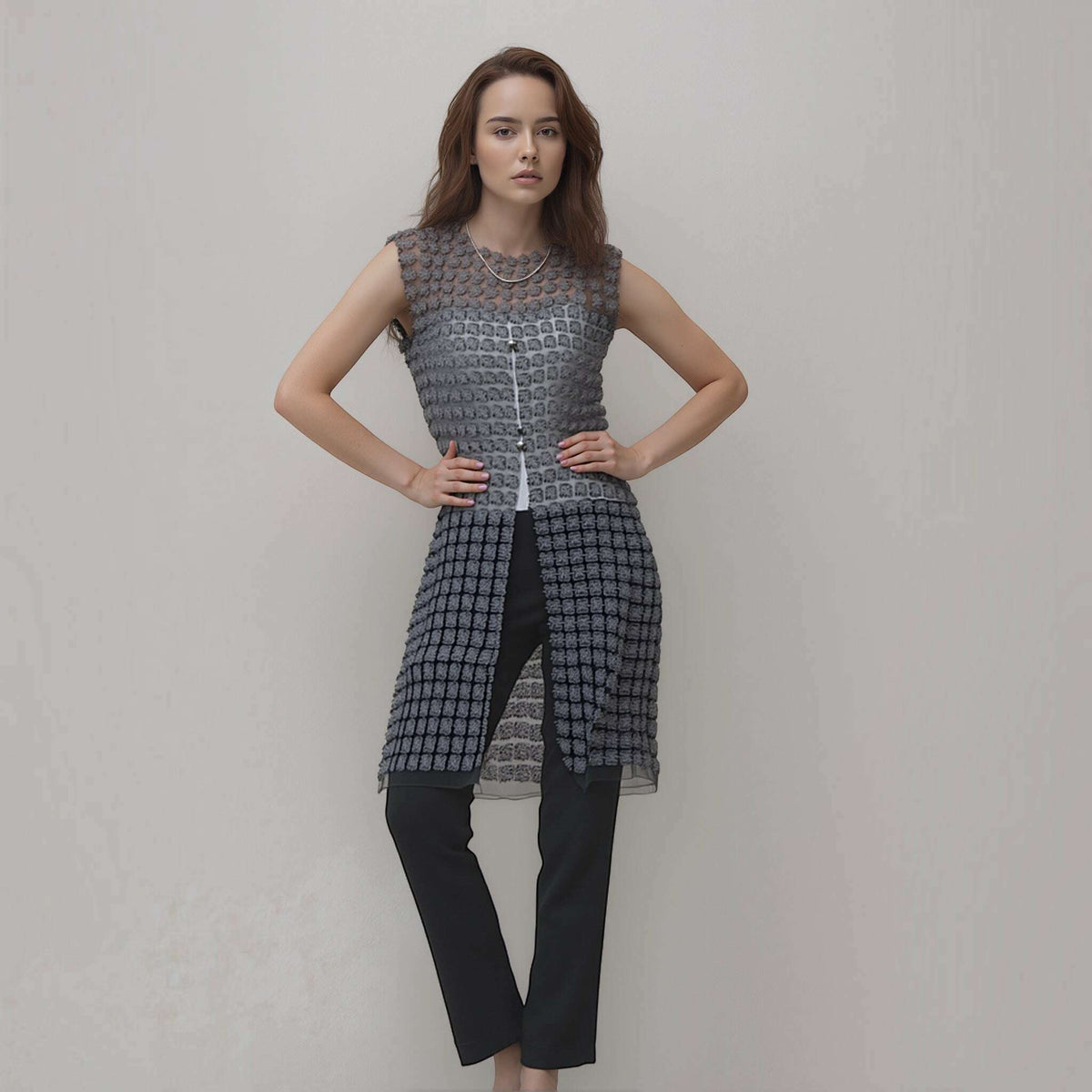 Plum Bottom ELLYNDALE sleeveless black organza vest with lace detailing and pearl button front closure on a model