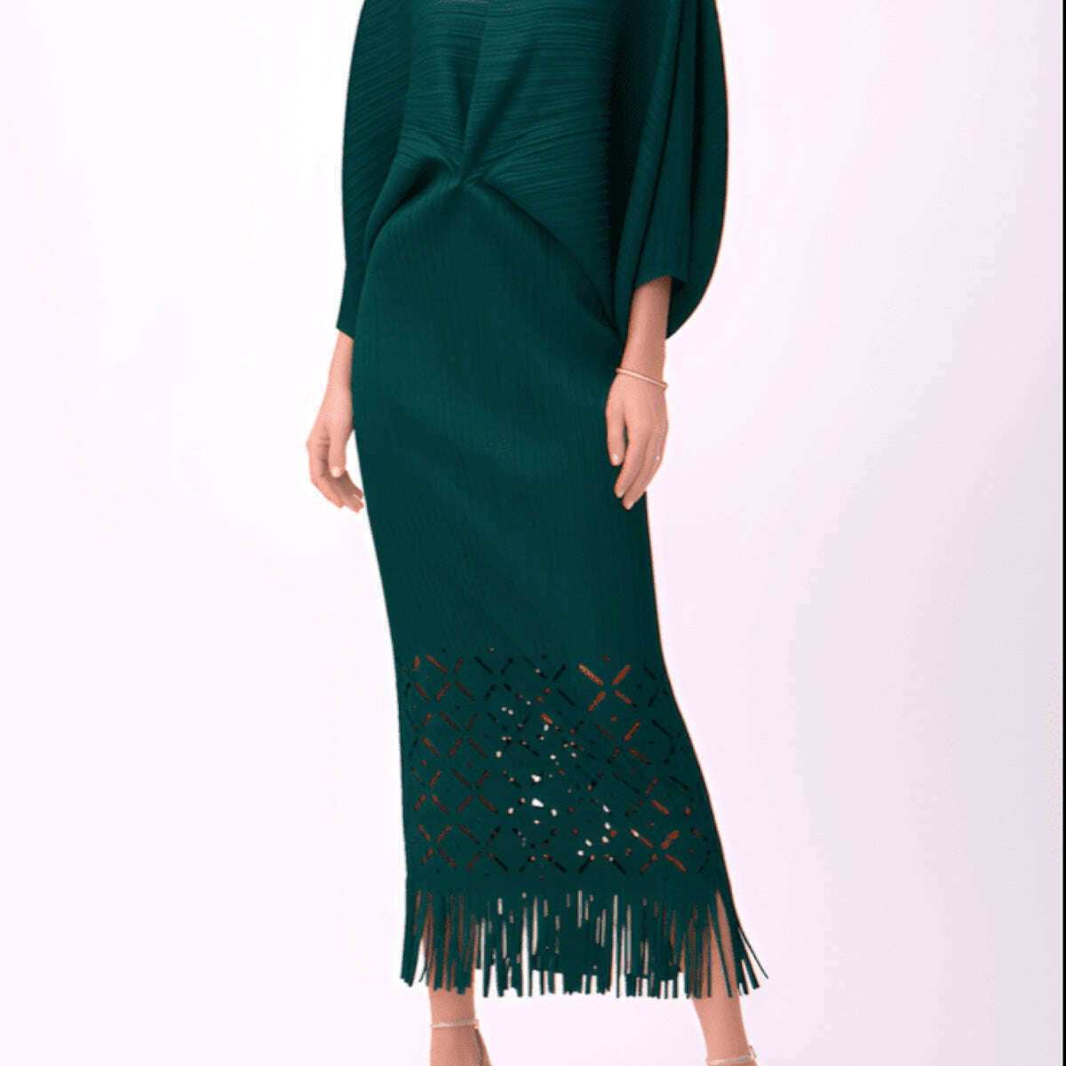 [Ellyndale - Ellyndale Pleated Cutout Dress with Fringe - Dark Green: Dark Green / O/S], [Dresses], [Ellyndale], [Plum Bottom].