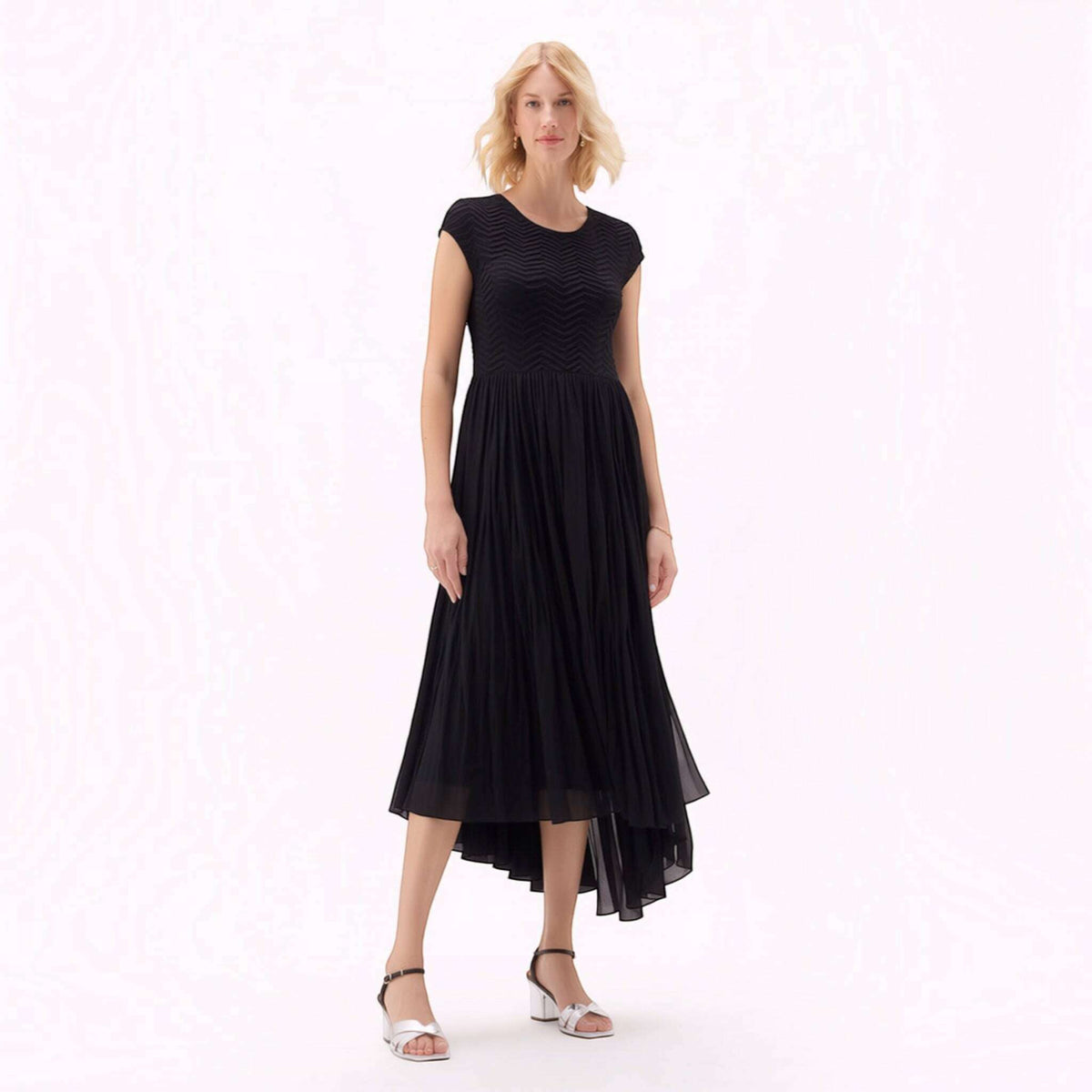 Plum Bottom Ellyndale black pleated midi dress with cupsleeves