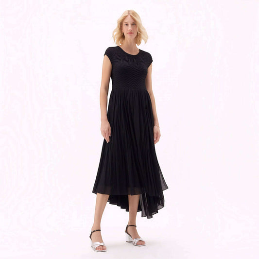 Plum Bottom Ellyndale black pleated midi dress with cupsleeves