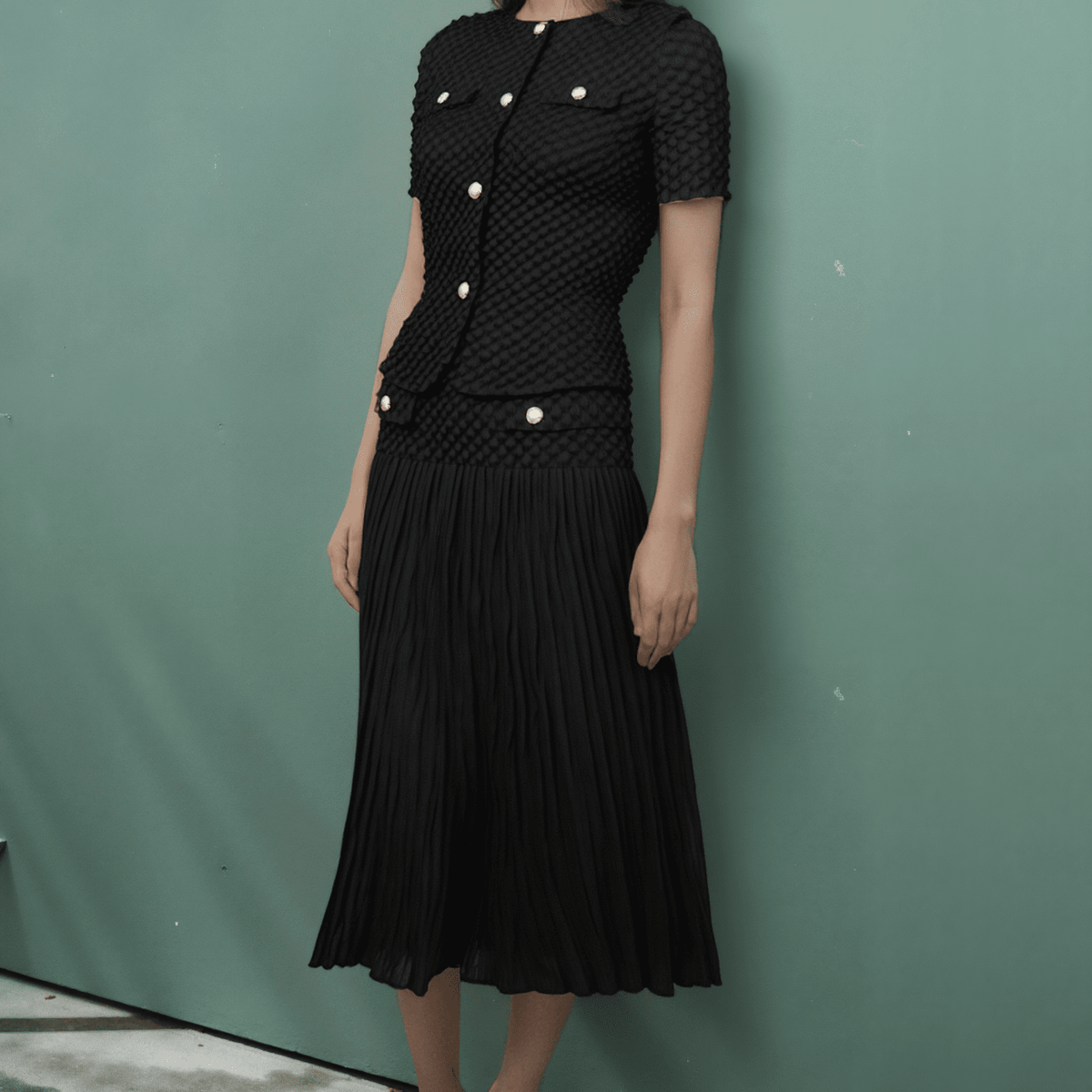 [Ellyndale - Pleated Chanel look mock pockets skirt ( Black ): Black / O/S], [Skirts], [Ellyndale], [Plum Bottom].