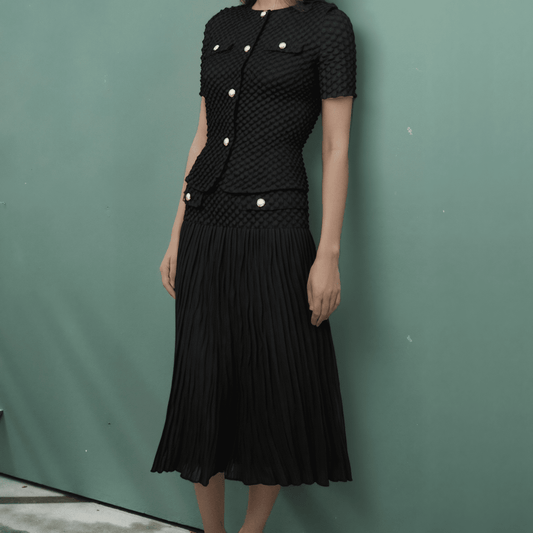 [Ellyndale - Pleated Chanel look mock pockets skirt ( Black ): Black / O/S], [Skirts], [Ellyndale], [Plum Bottom].