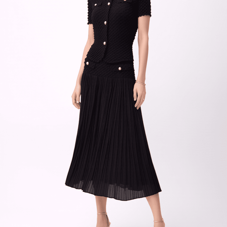 [Ellyndale - Pleated Chanel look mock pockets skirt ( Black ): Black / O/S], [Skirts], [Ellyndale], [Plum Bottom].