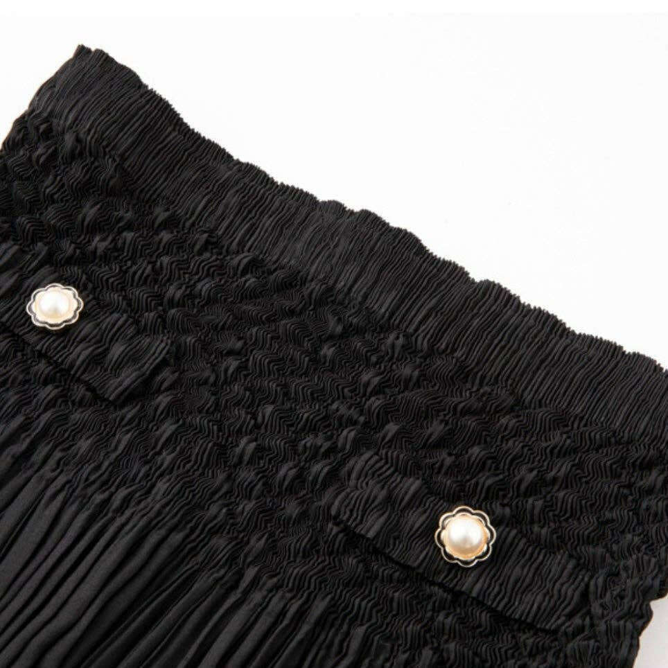 [Ellyndale - Pleated Chanel look mock pockets skirt ( Black ): Black / O/S], [Skirts], [Ellyndale], [Plum Bottom].