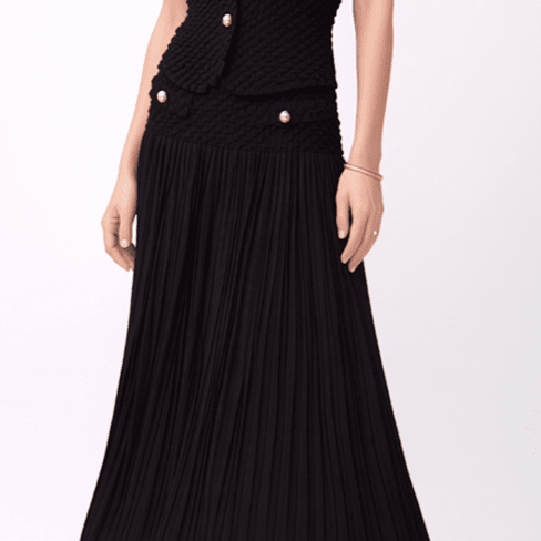 [Ellyndale - Pleated Chanel look mock pockets skirt ( Black ): Black / O/S], [Skirts], [Ellyndale], [Plum Bottom].