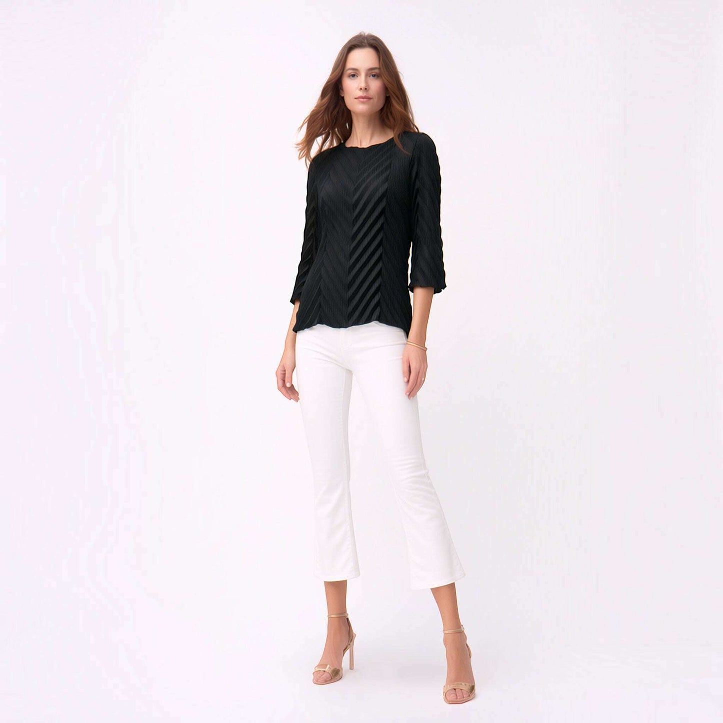 Plum Bottom Ellyndale black pleated top with 3/4 bell sleeves