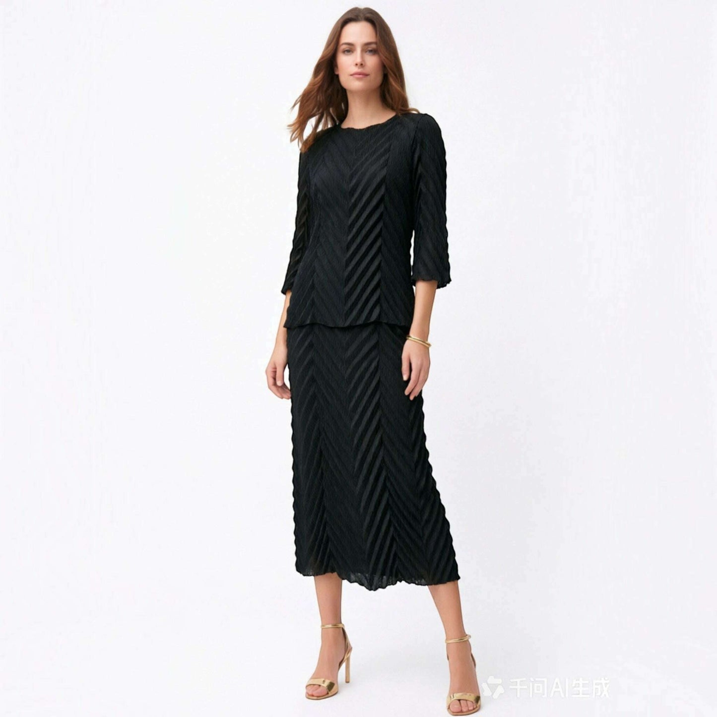 Plum Bottom Ellyndale black chevron pleated top with bell sleeves and matching midi skirt on a model.