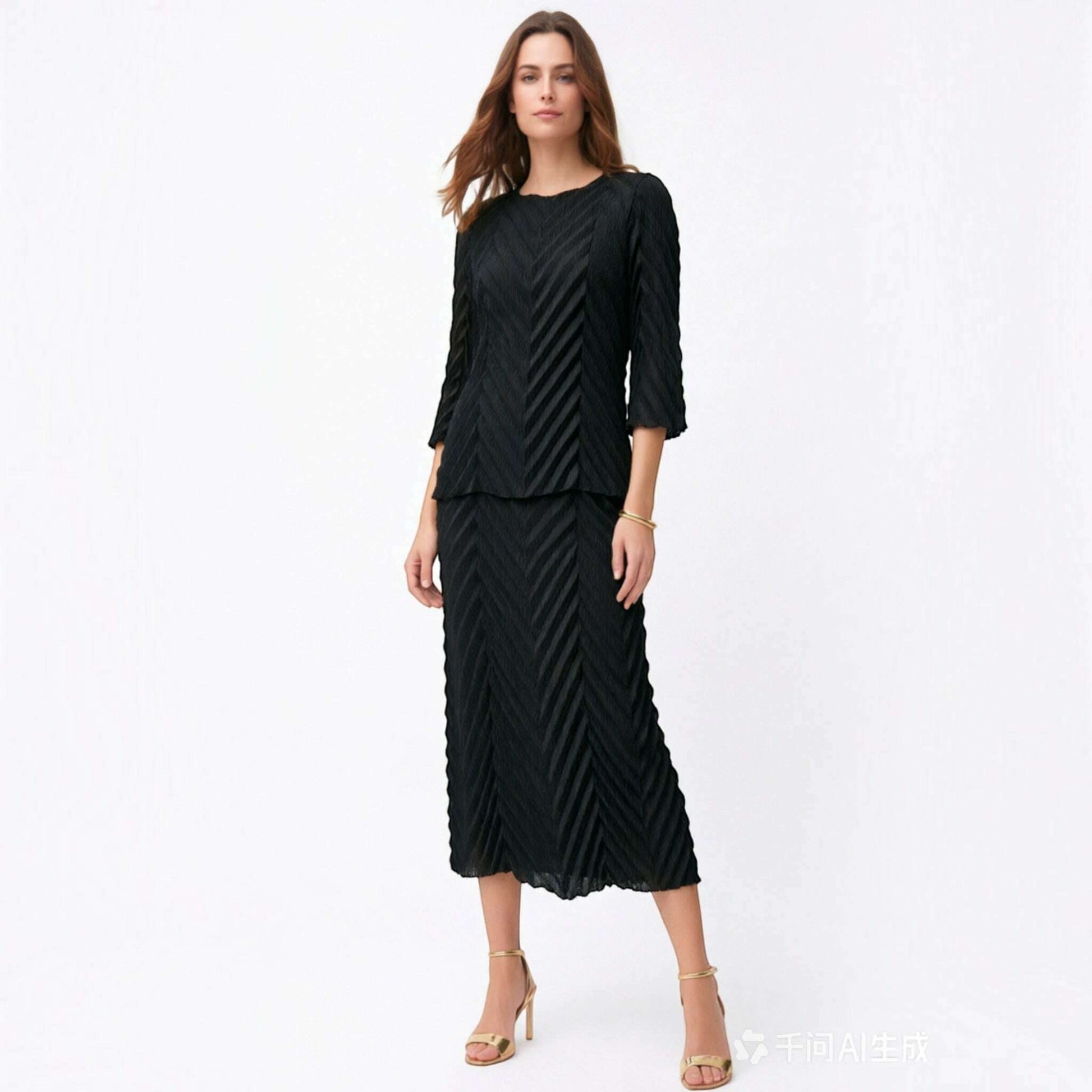 Plum Bottom Ellyndale black chevron pleated top with bell sleeves and matching midi skirt on a model.