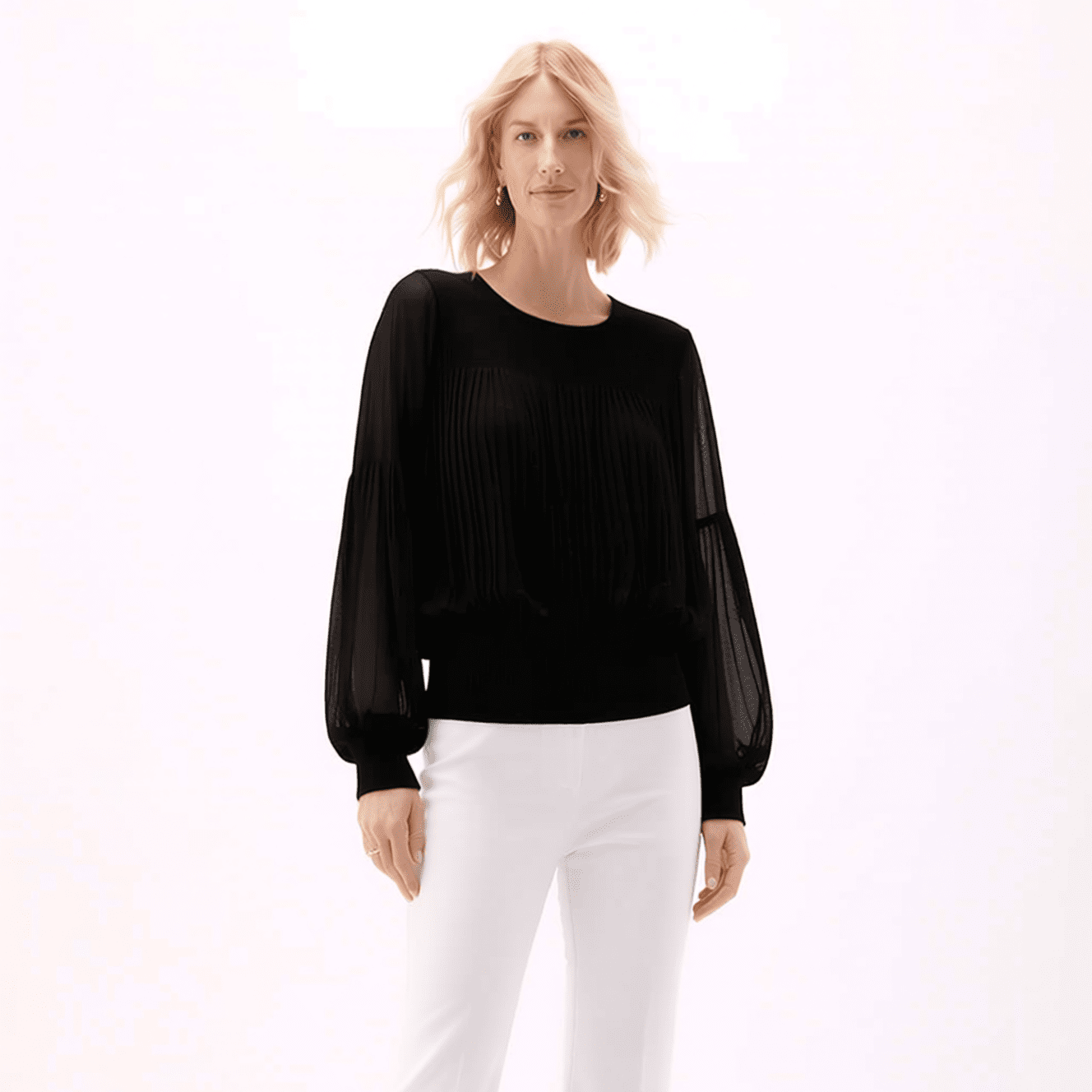 [Ellyndale - Pleating Long Sleeves Top- Chiffon Flow (Black): Black / O/S], [Tops], [Ellyndale], [Plum Bottom].