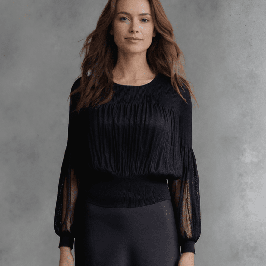 [Ellyndale - Pleating Long Sleeves Top- Chiffon Flow (Black): Black / O/S], [Tops], [Ellyndale], [Plum Bottom].