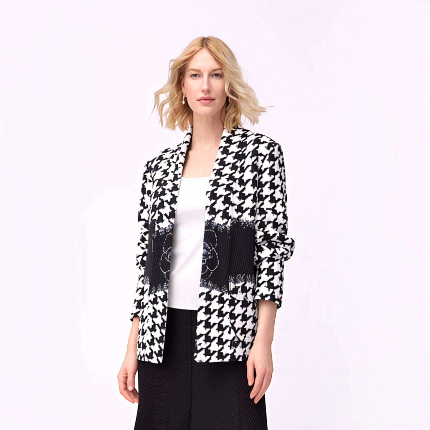 Plum Bottom Ellyndale pleated jacket with a black and white houndstooth pattern and elegant shawl collar.