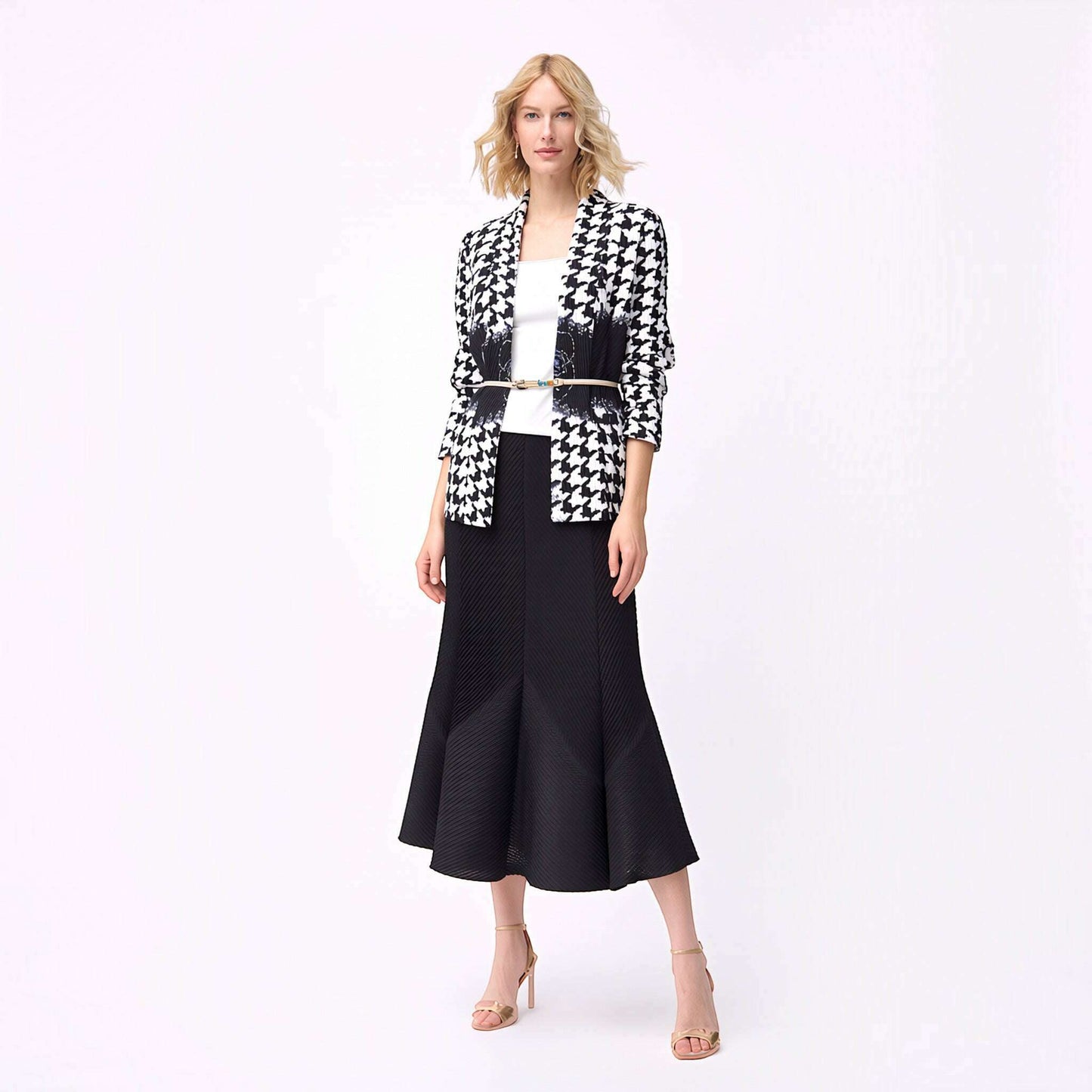 Plum Bottom Ellyndale pleated jacket with a black and white houndstooth pattern and elegant shawl collar