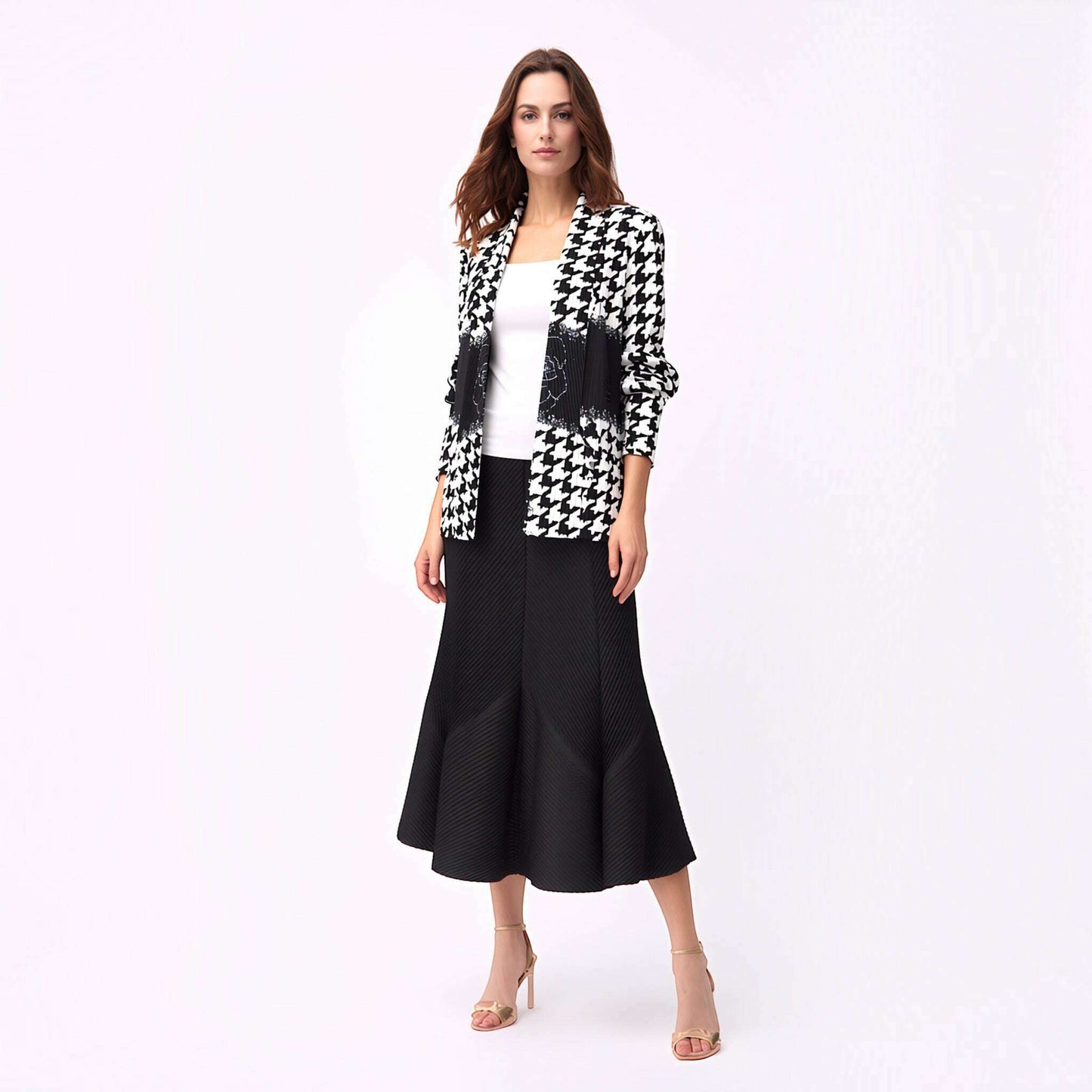 Plum Bottom Ellyndale pleated jacket with a black and white houndstooth pattern and elegant shawl collar