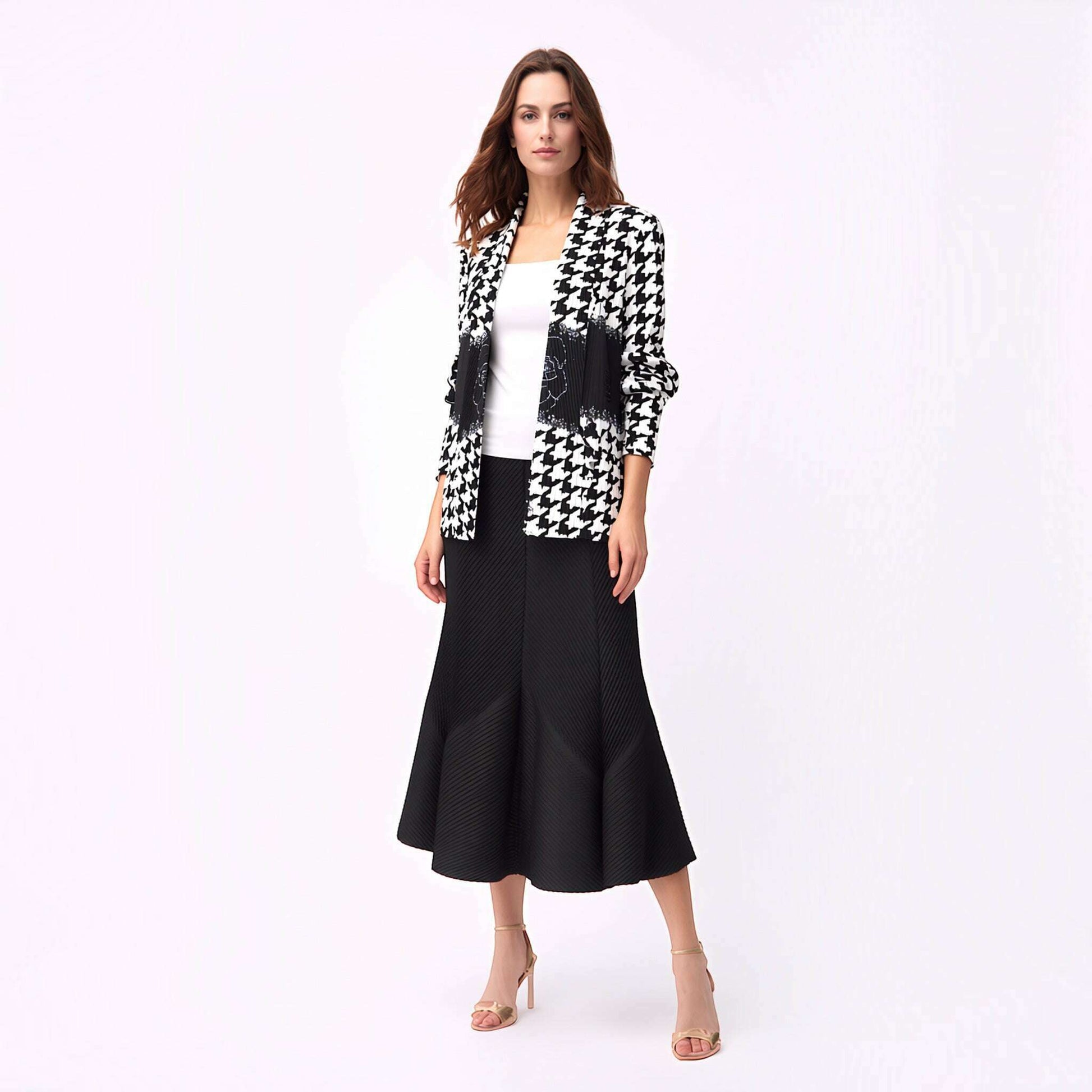 Plum Bottom Ellyndale pleated jacket with a black and white houndstooth pattern and elegant shawl collar