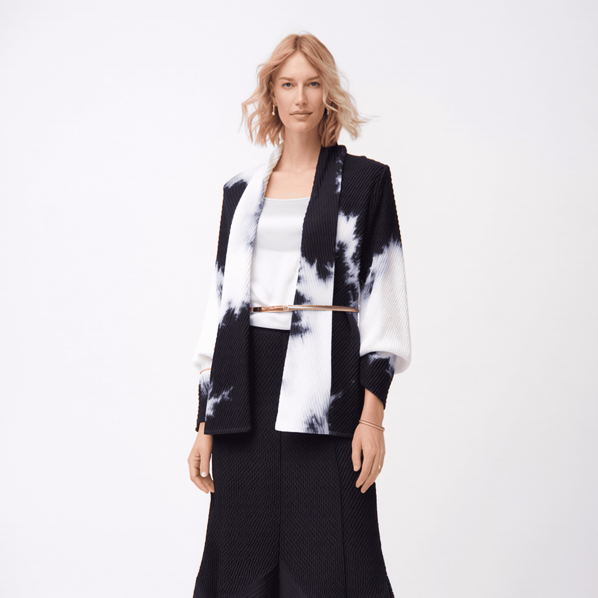 [Ellyndale - Pleating Jacket- Shawl Collar - Watercolor: Watercolor / O/S], [], [Ellyndale], [Plum Bottom].