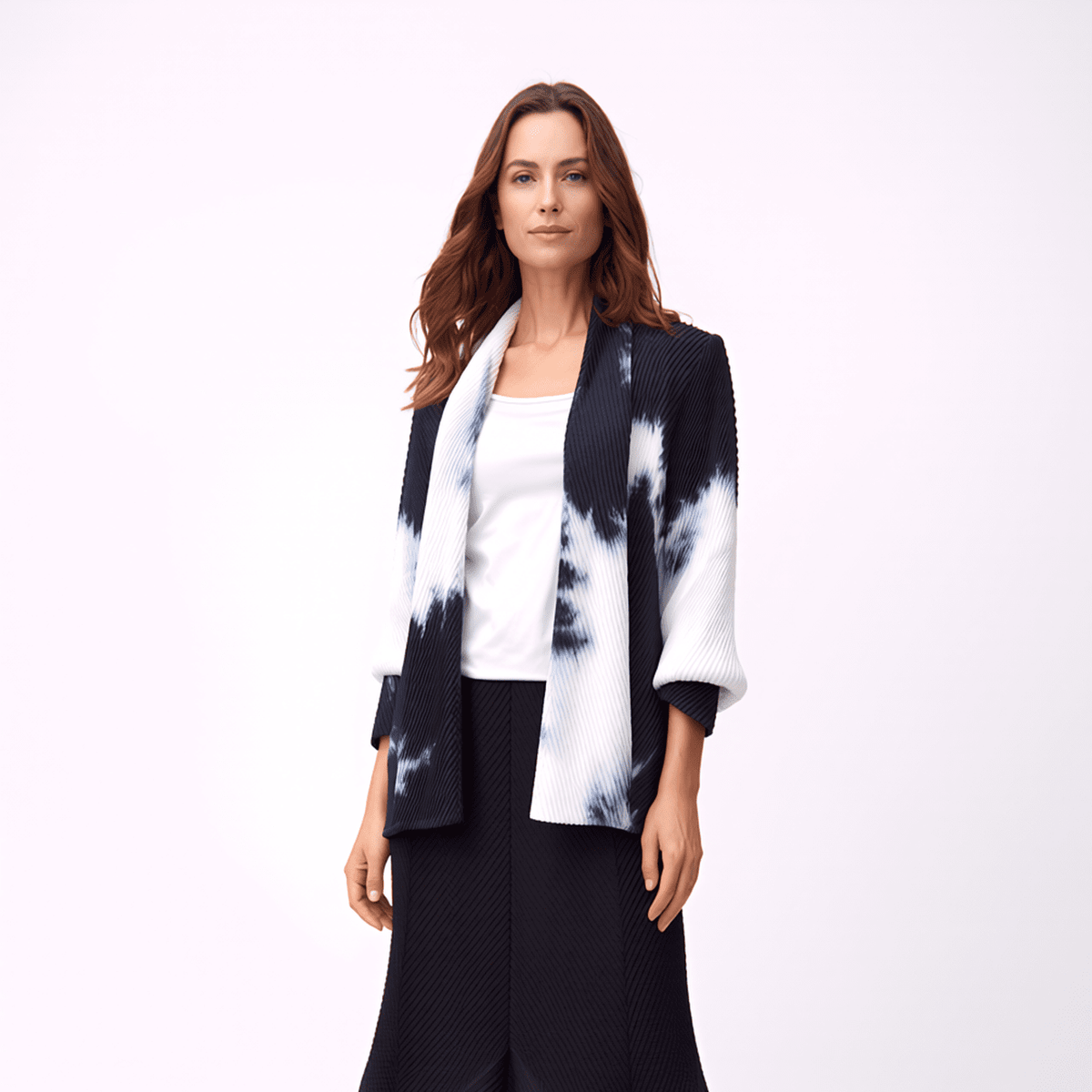 [Ellyndale - Pleating Jacket- Shawl Collar - Watercolor: Watercolor / O/S], [], [Ellyndale], [Plum Bottom].