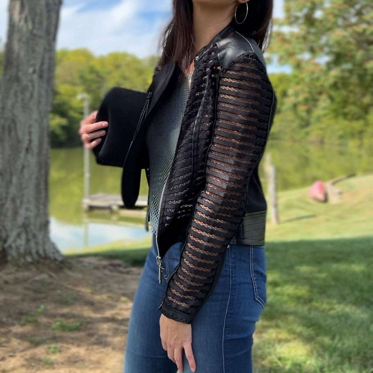 Plum Bottom ELLYNDALE Shadow Jacket featuring black faux leather panels and breathable mesh stripe sleeves