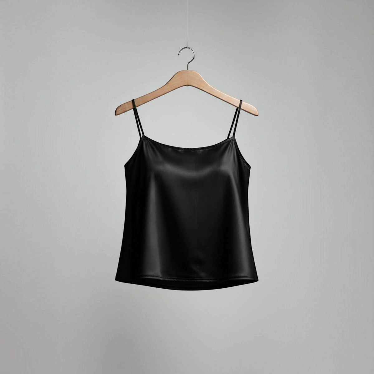 Plum Bottom ELLYNDALE black stretch satin cami top with adjustable spaghetti straps