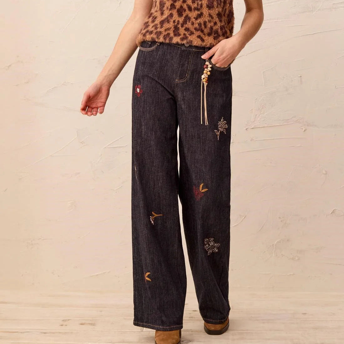 TRIBAL Audrey Embroidered Wide Denim Pant w/ Charm-Rinse