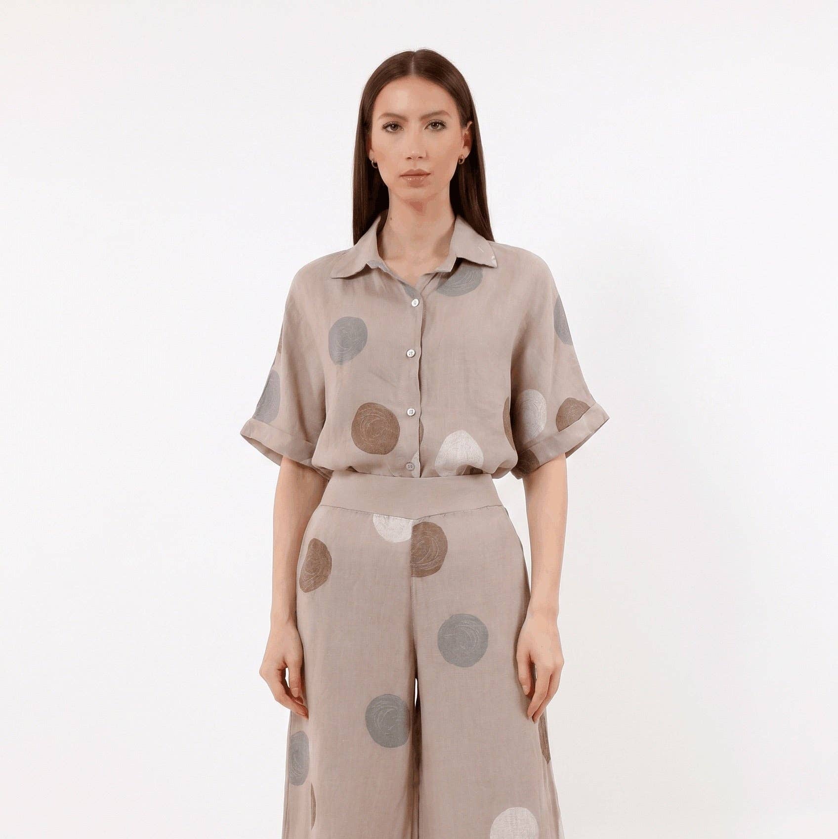[TINA Stephens Italy/Tees By Tina - Ruth Circle Button-Front Linen Top (BQ191C): 286 Cashmere / One size], [Tops], [TINA Stephens Italy/Tees By Tina], [Plum Bottom].