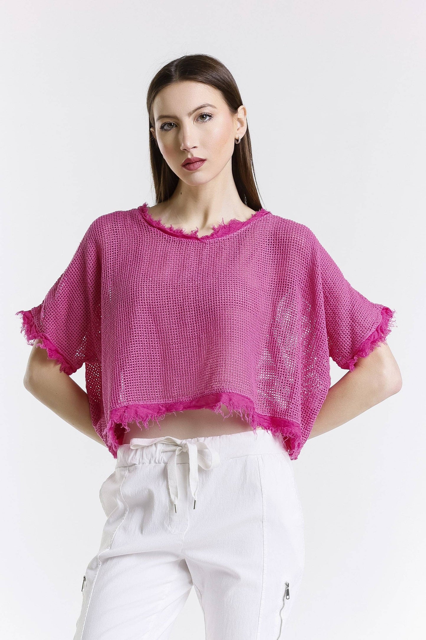 [TINA Stephens Italy/Tees By Tina - Yvonne Short Sleeve Linen Fringe Top (BSS905): 672 Fuchsia / One Size], [CLOTHING], [TINA Stephens Italy/Tees By Tina], [Plum Bottom].