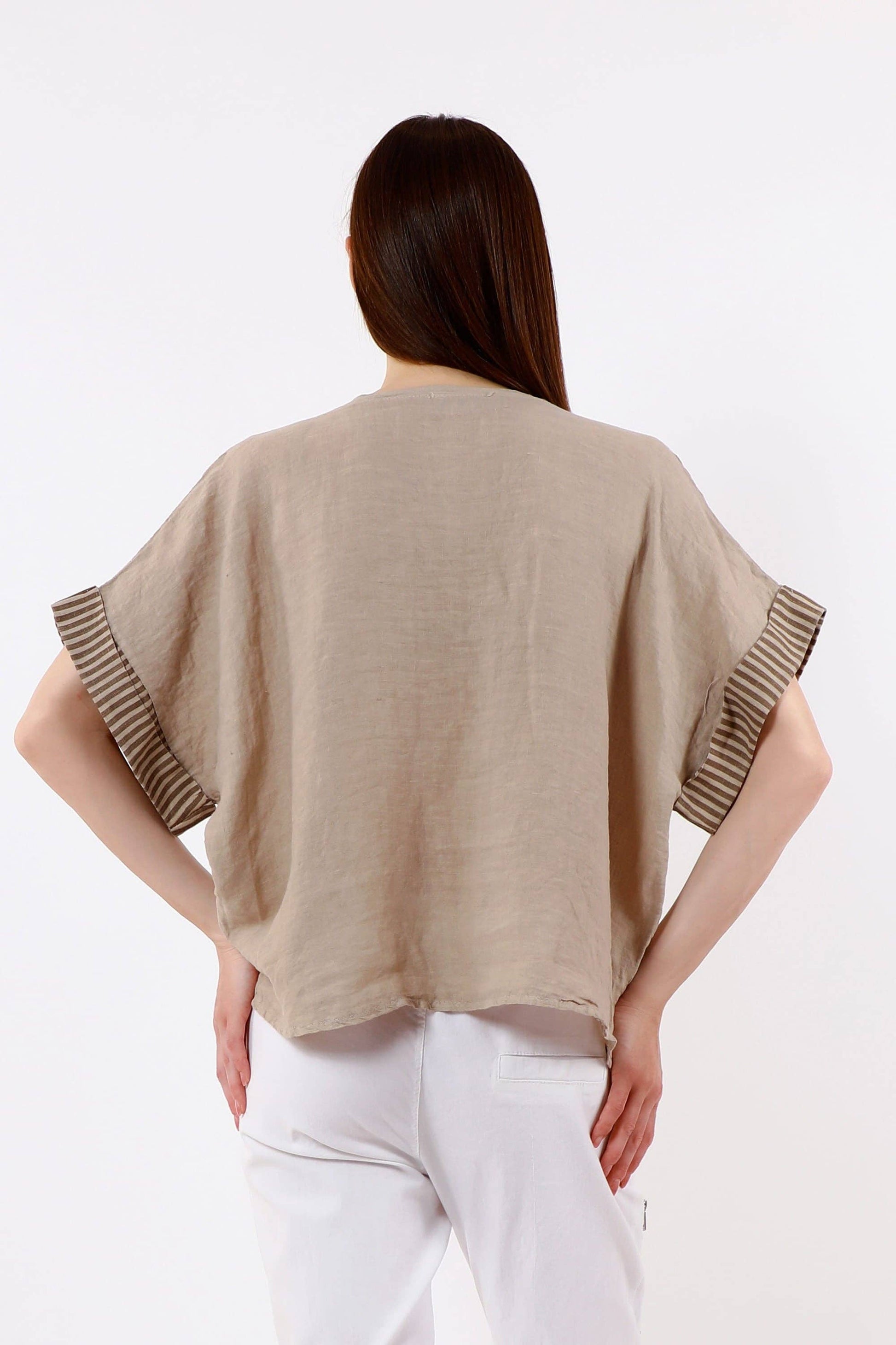 [TINA Stephens Italy/Tees By Tina - Brie Stripe Trim Short Sleeve Linen Top (BSS936PR): 286 Cashmere / One Size], [Tops], [TINA Stephens Italy/Tees By Tina], [Plum Bottom].