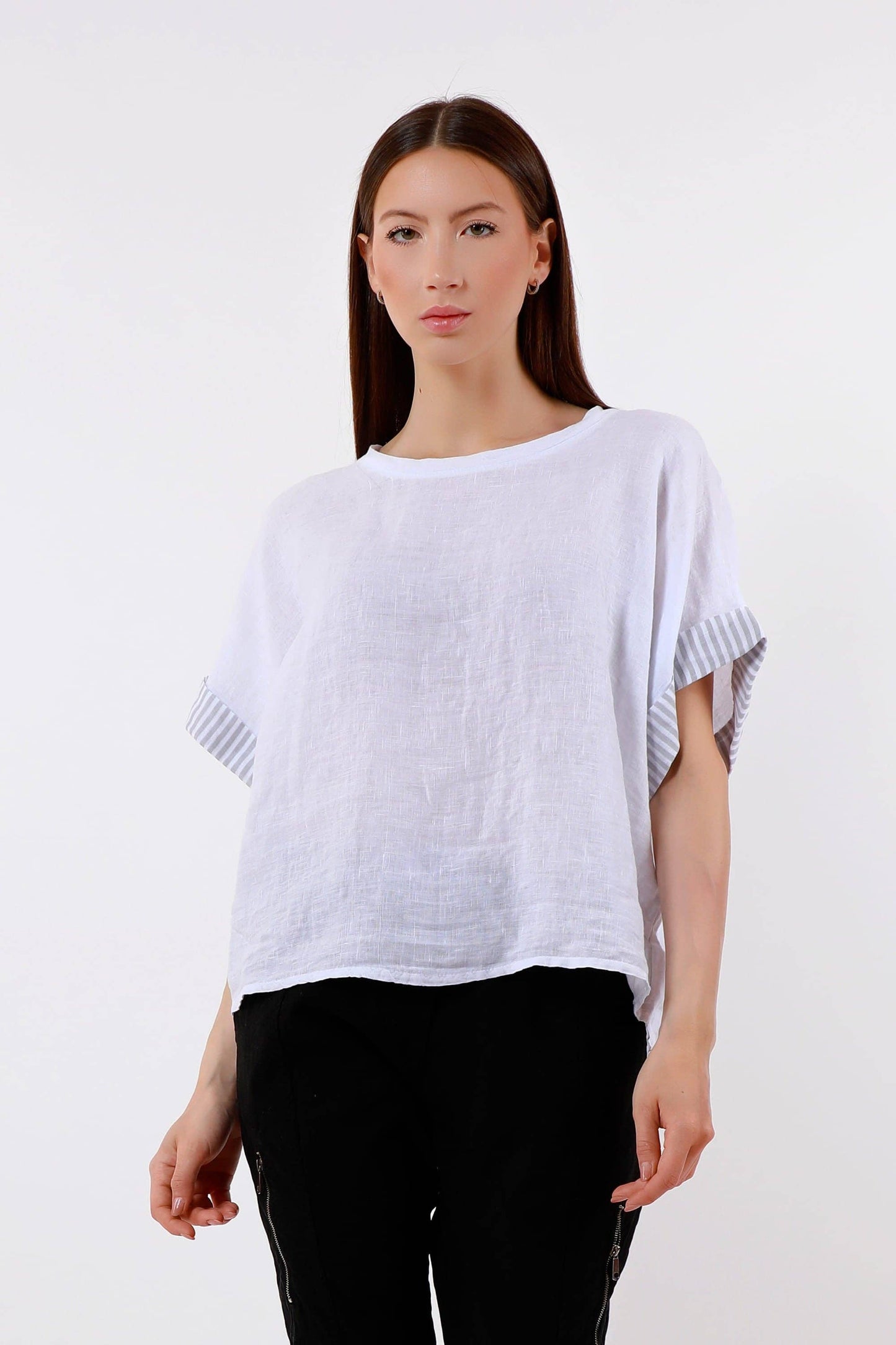 [TINA Stephens Italy/Tees By Tina - Brie Stripe Trim Short Sleeve Linen Top (BSS936PR): 286 Cashmere / One Size], [Tops], [TINA Stephens Italy/Tees By Tina], [Plum Bottom].