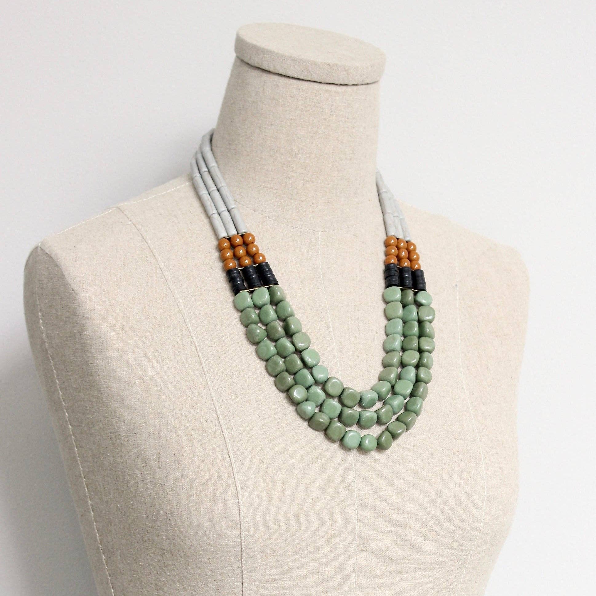 [David Aubrey Jewelry - FER221 Three strand gray and green necklace.], [Necklaces], [David Aubrey Jewelry], [Plum Bottom].