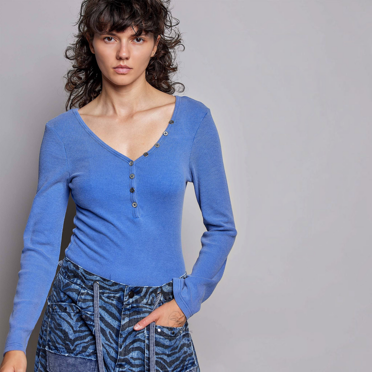 [Pol Clothing - Long Sleeve Novelty Button Wide V Neck Solid Knit Top: ROYAL BLUE / L], [CLOTHING], [Pol Clothing], [Plum Bottom].