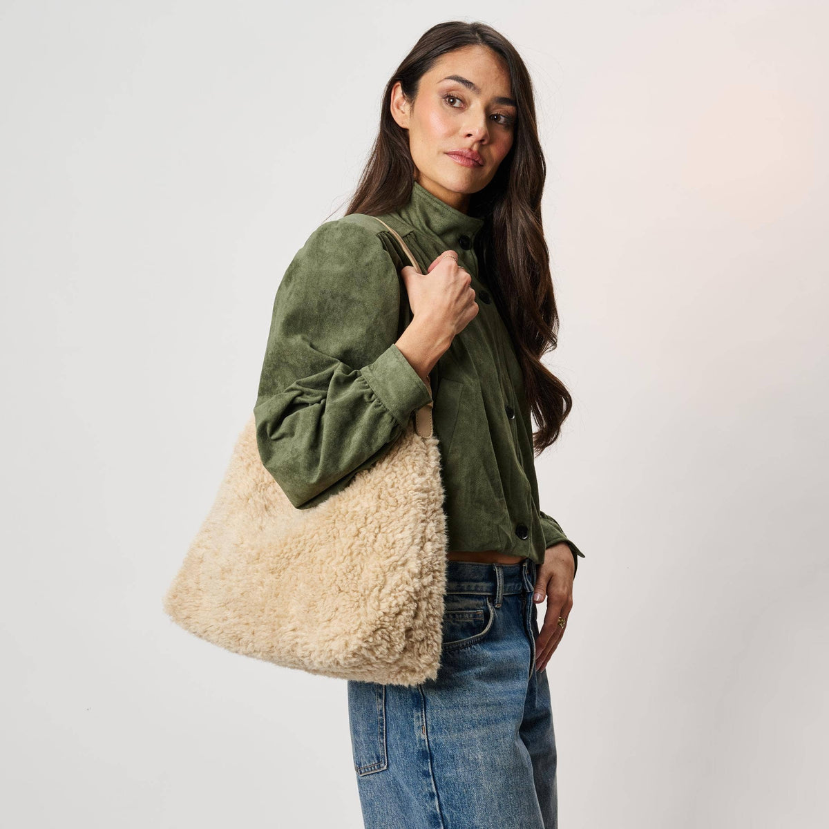 [Moda Luxe - Neve Sherpa Tote: Cream], [Handbags], [Moda Luxe], [Plum Bottom].