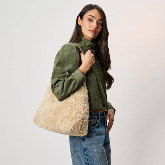 [Moda Luxe - Neve Sherpa Tote: Cream], [Handbags], [Moda Luxe], [Plum Bottom].