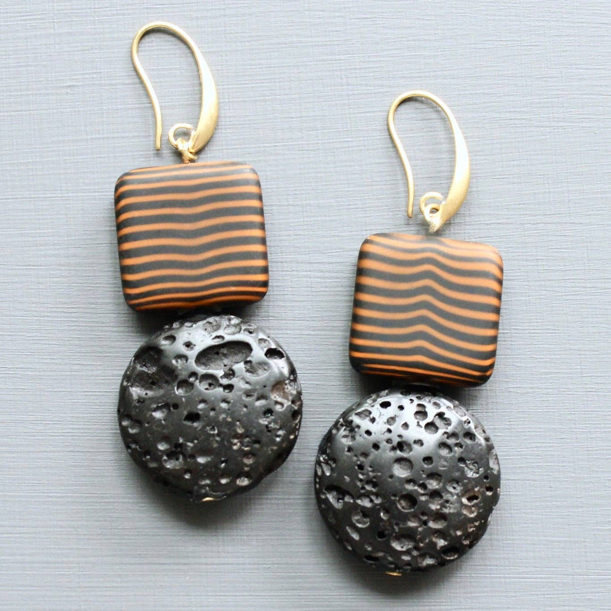 [David Aubrey Jewelry - LEXE32 Striped glass and lava earrings], [Earrings], [David Aubrey Jewelry], [Plum Bottom].