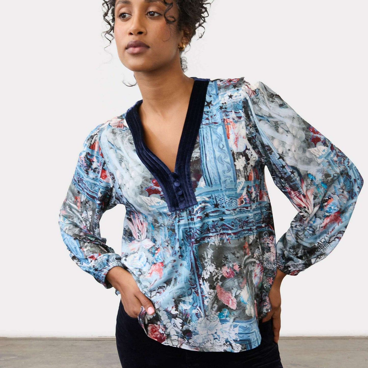 FDJ Long Sleeve V-Neck Top Indigo Gallery