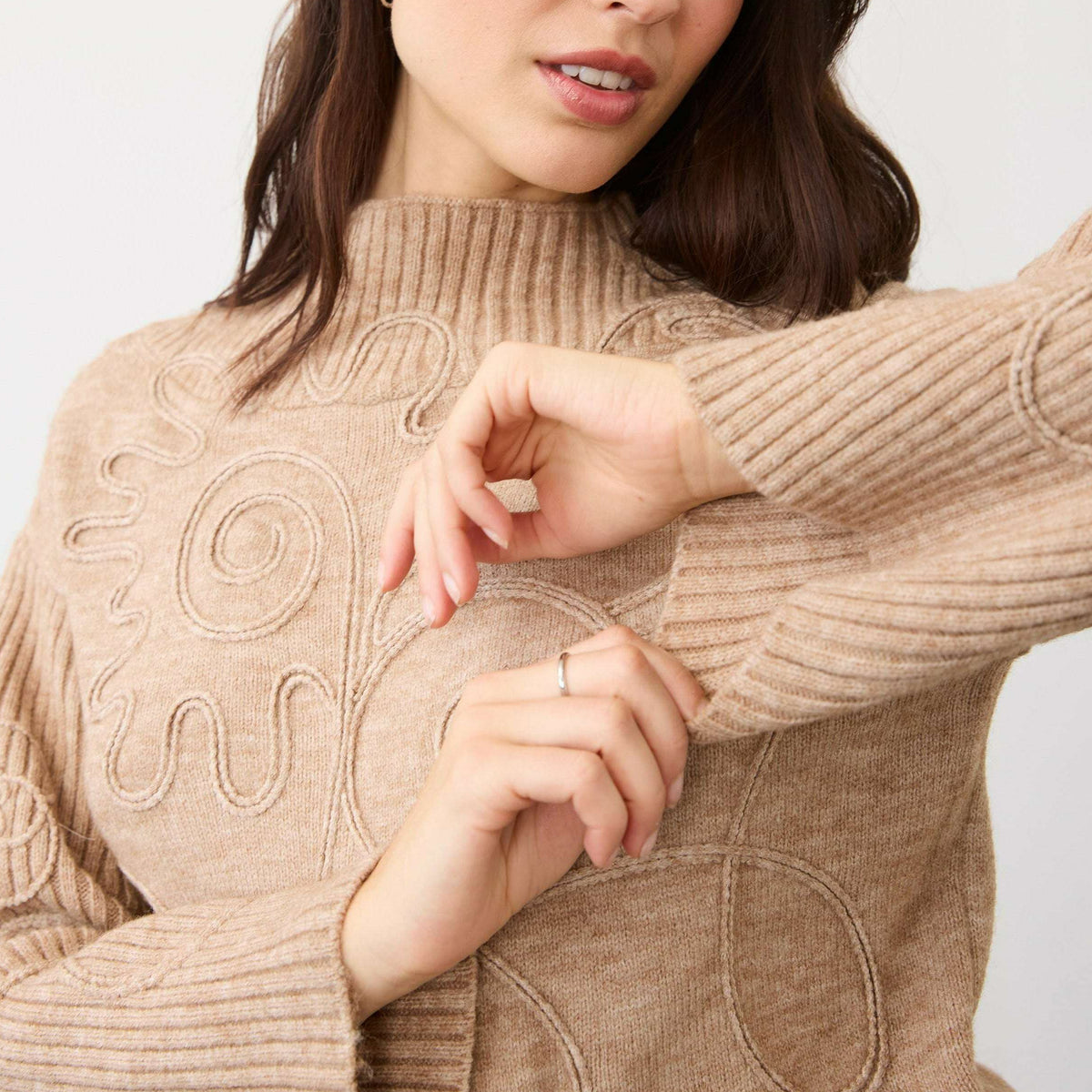 FDJ Mock Neck Embellished Sweater Light Caramel