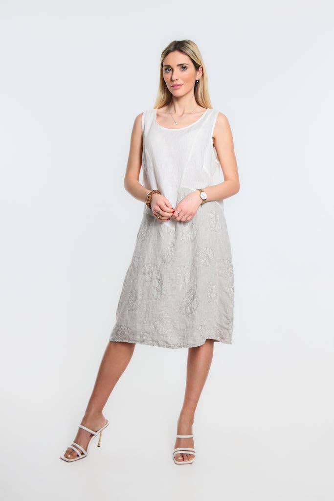 [TINA Stephens Italy/Tees By Tina - Donna Leaf Jacquard Insert Linen Dress (DT123J): 109 Natural], [CLOTHING], [TINA Stephens Italy/Tees By Tina], [Plum Bottom].