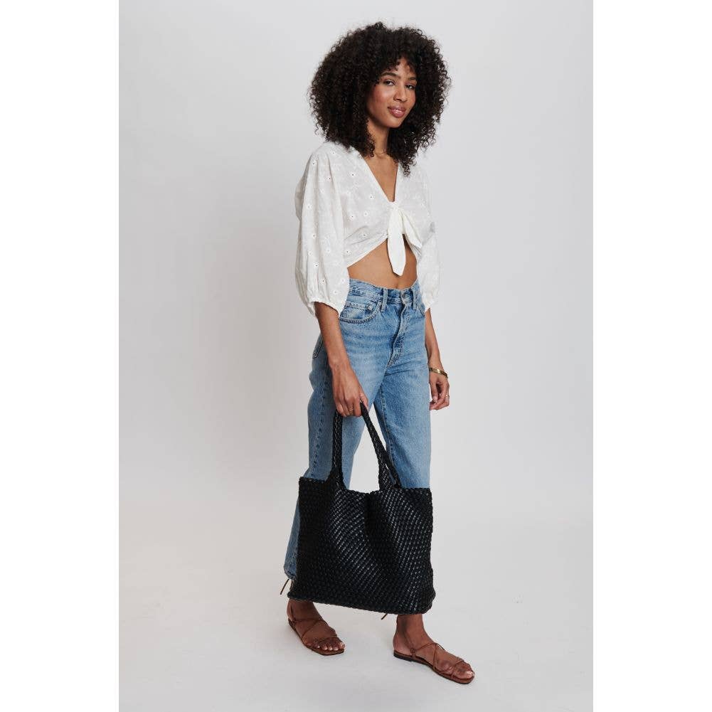 [Moda Luxe - Solana Woven Vegan Leather Tote: Black], [Handbag], [Moda Luxe], [Plum Bottom].