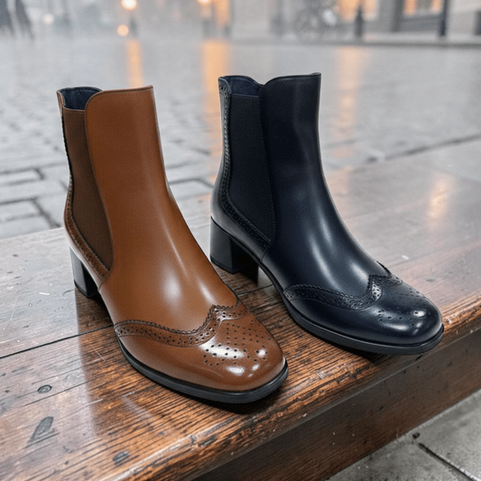 Plum Bottom FLUCHOS Ikia D9368 leather spectator boots in tan and black with brogue detailing and a mid block heel.