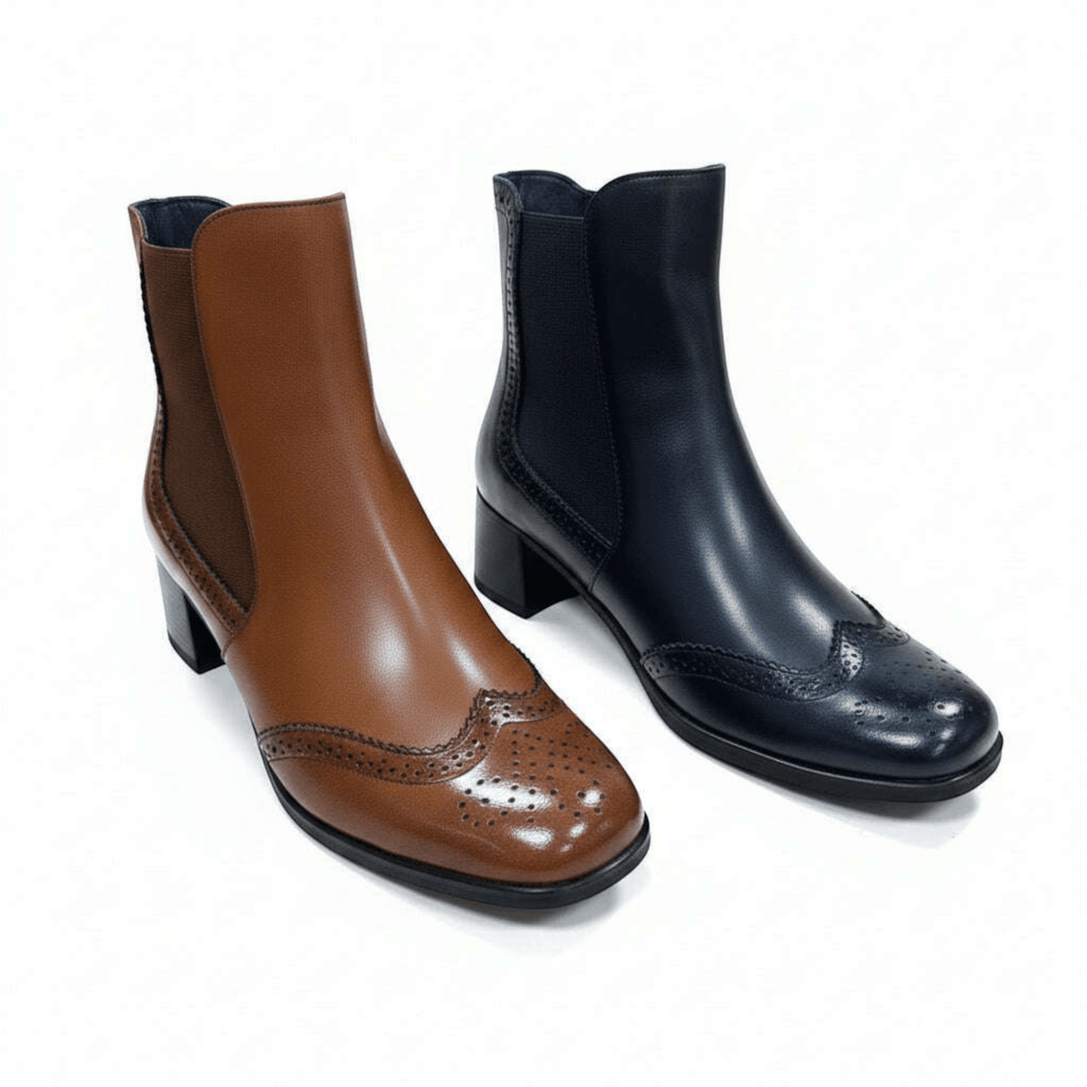 Plum Bottom FLUCHOS Ikia D9368 two-tone leather brogue boots with mid heels in brown and black
