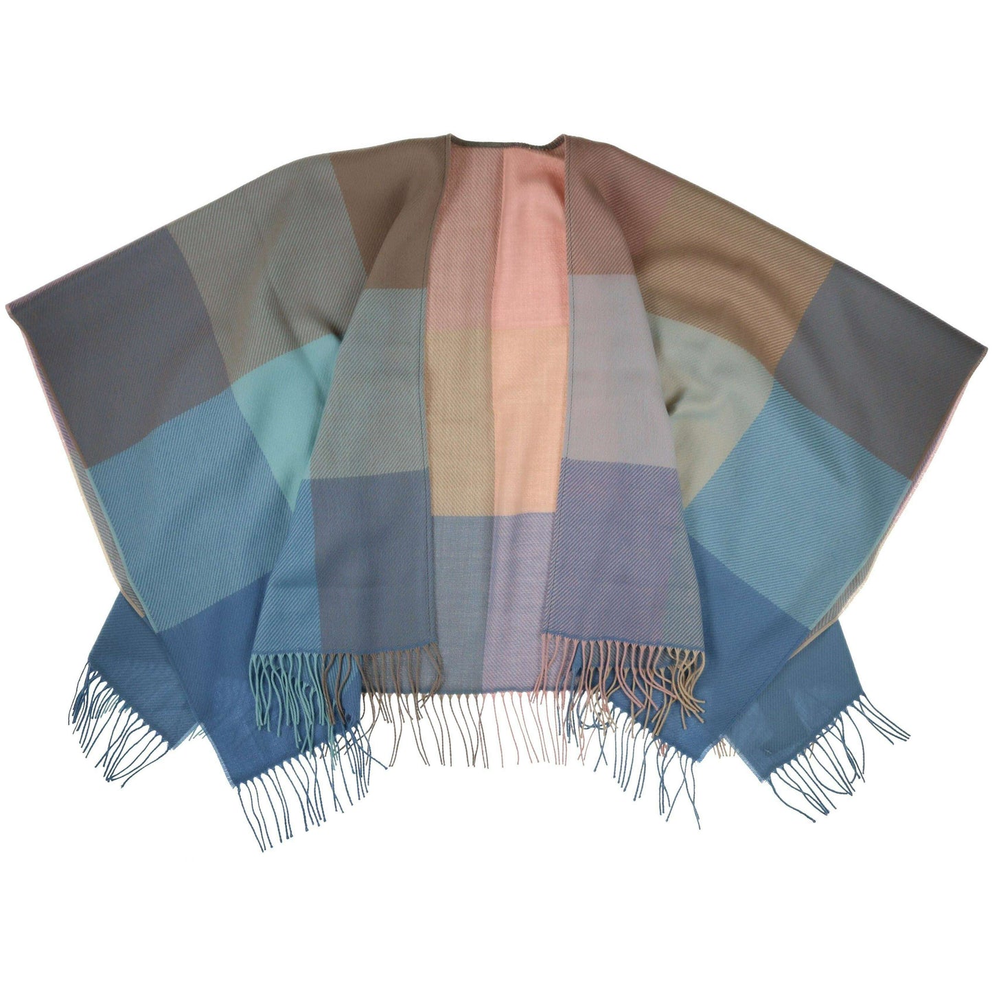 FRAAS - The Scarf Company - Block Plaid Woven Ruana: Blue, , FRAAS - The Scarf Company, Plum Bottom