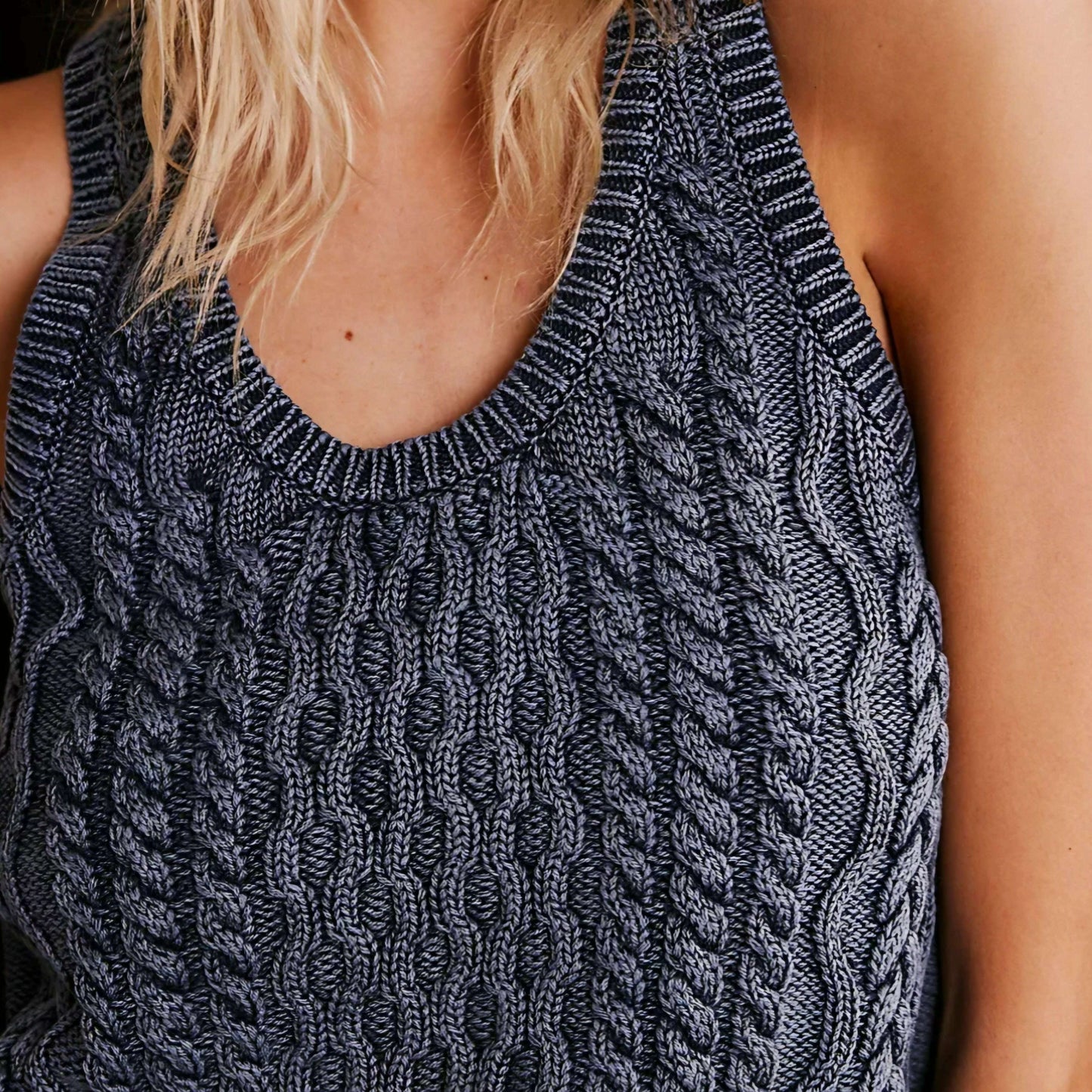Free People - CABLE KNIT Sleeveless Knit - Chambray Sky, CLOTHING, Free People, Plum Bottom
