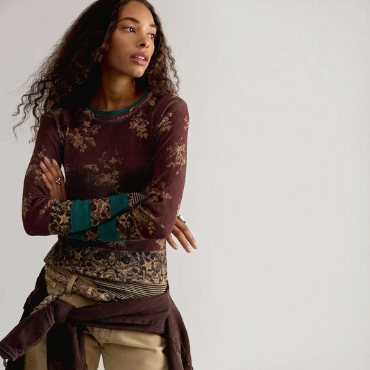 Plum Bottom Free People ribbed cotton long-sleeve top in brown floral print with contrasting green cuffs