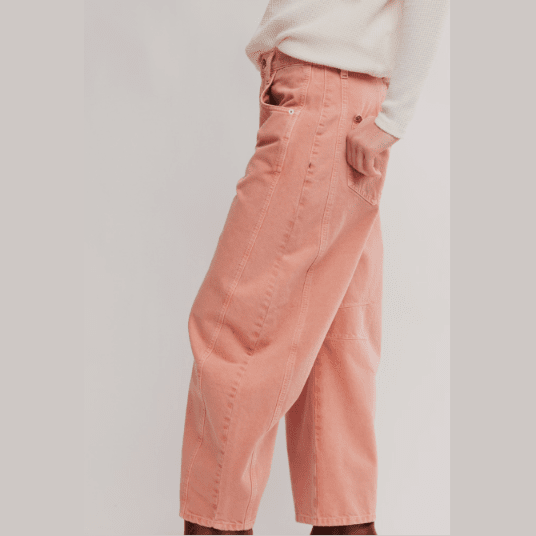 Plum Bottom Free People Good Luck mid-rise barrel jeans in desert petal pink with seam details and relaxed fit