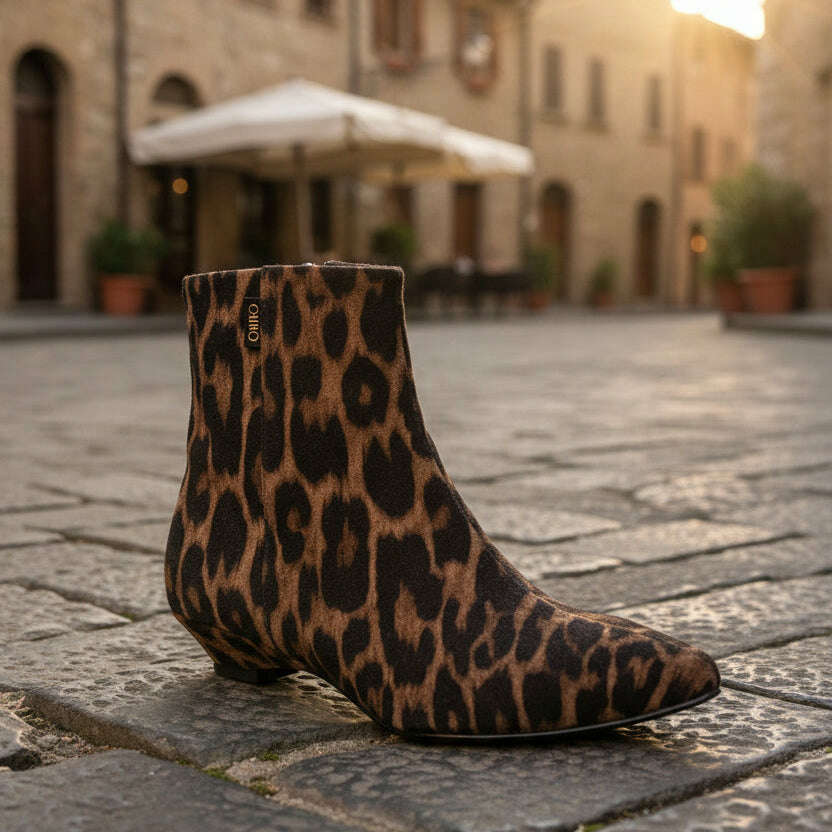 A single pointed-toe ankle boot with a leopard print pattern in brown, beige, and black, resting on a light beige fabric surface against a matching beige background.