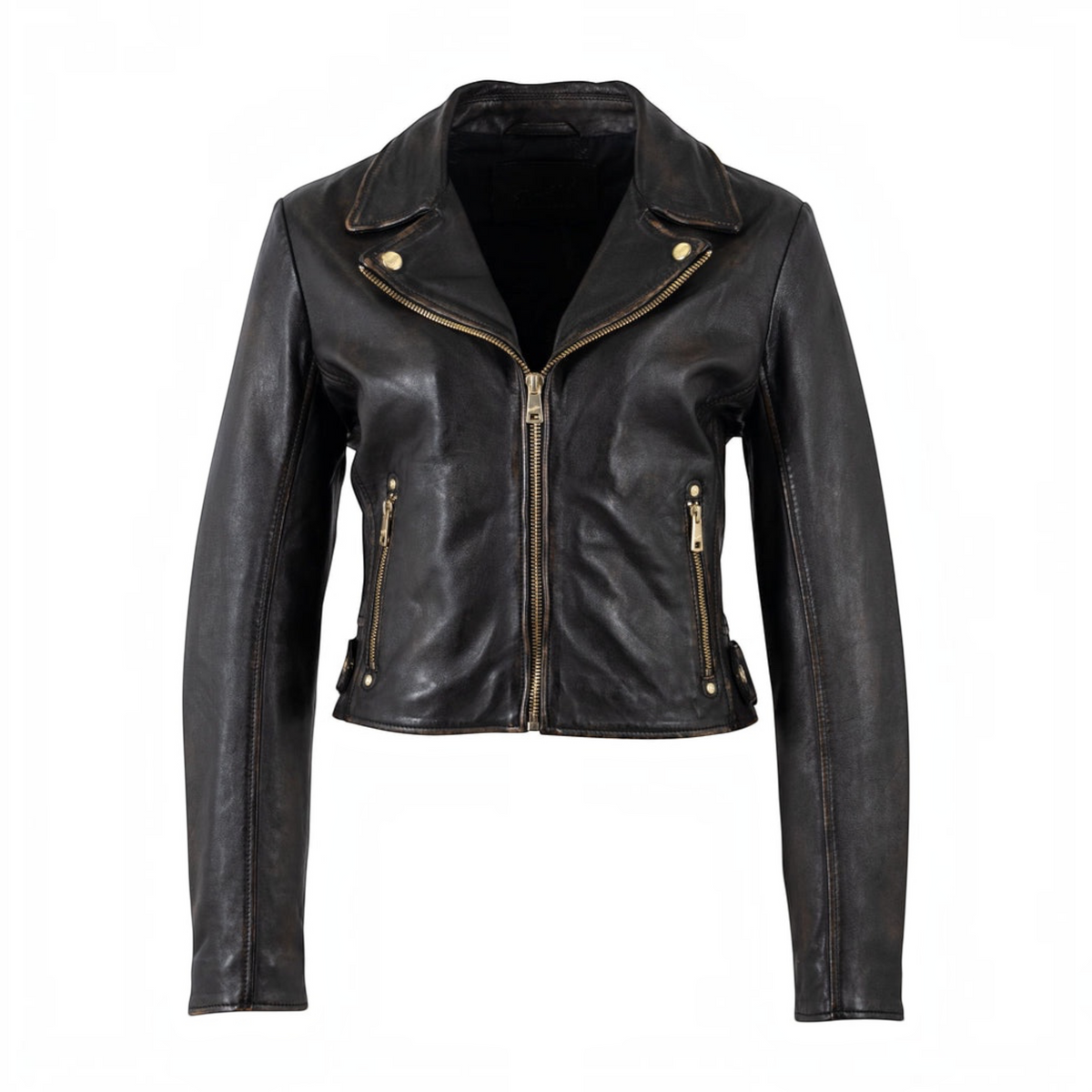 Plum Bottom MAURITIUS Hazie black lambskin leather jacket with gold hardware and distressed seam detailing.