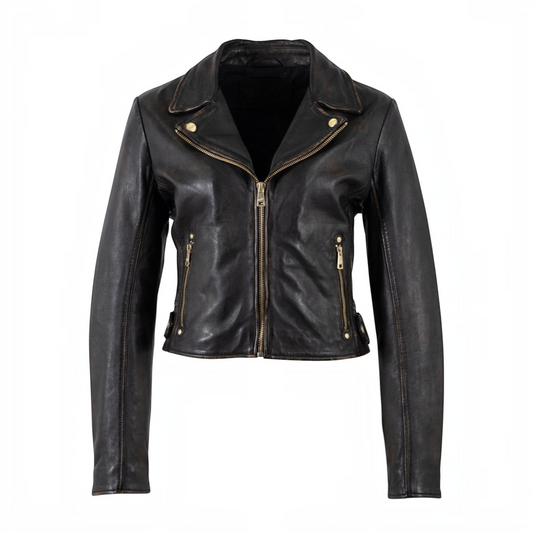 Plum Bottom MAURITIUS Hazie black lambskin leather jacket with gold hardware and distressed seam detailing.
