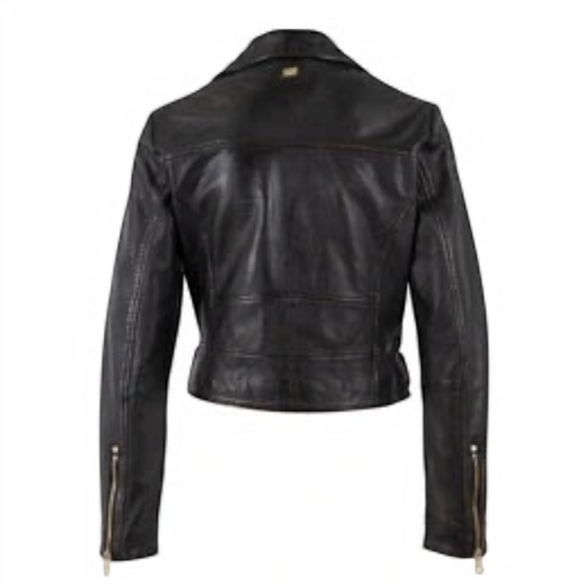 Back view of Plum Bottom MAURITIUS Hazie black lambskin leather jacket with gold hardware and distressed seams