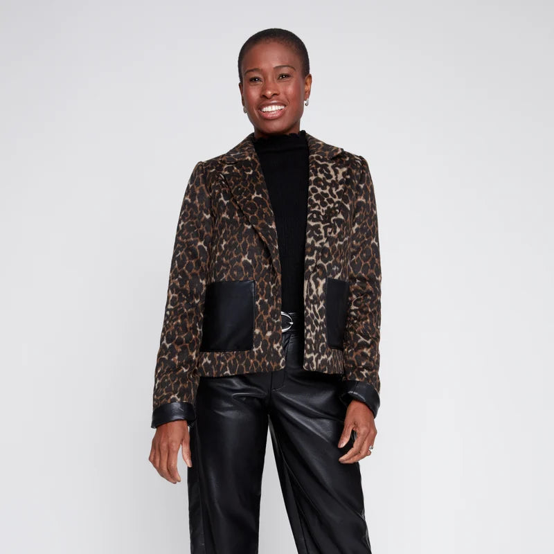 RENUAR Jacquard Brushed Knit Jacket with Faux Leather Pockets
